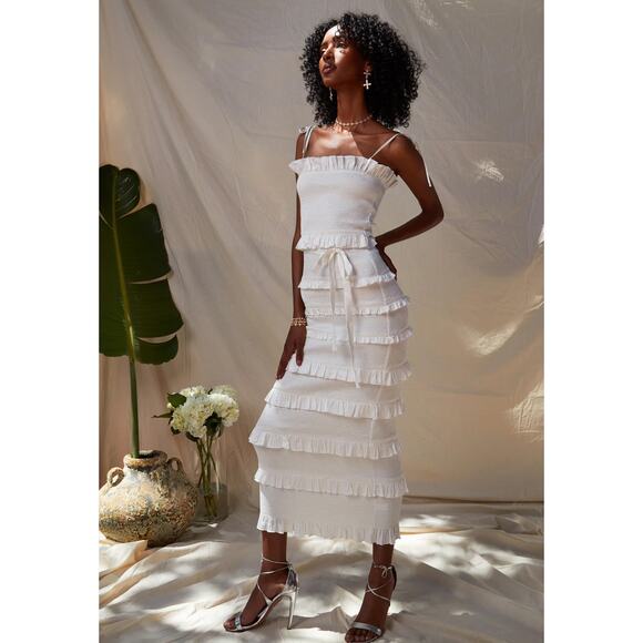 V. CHAPMAN Lily White Ruched & Ruffled Stretch Midi Dress Size 6